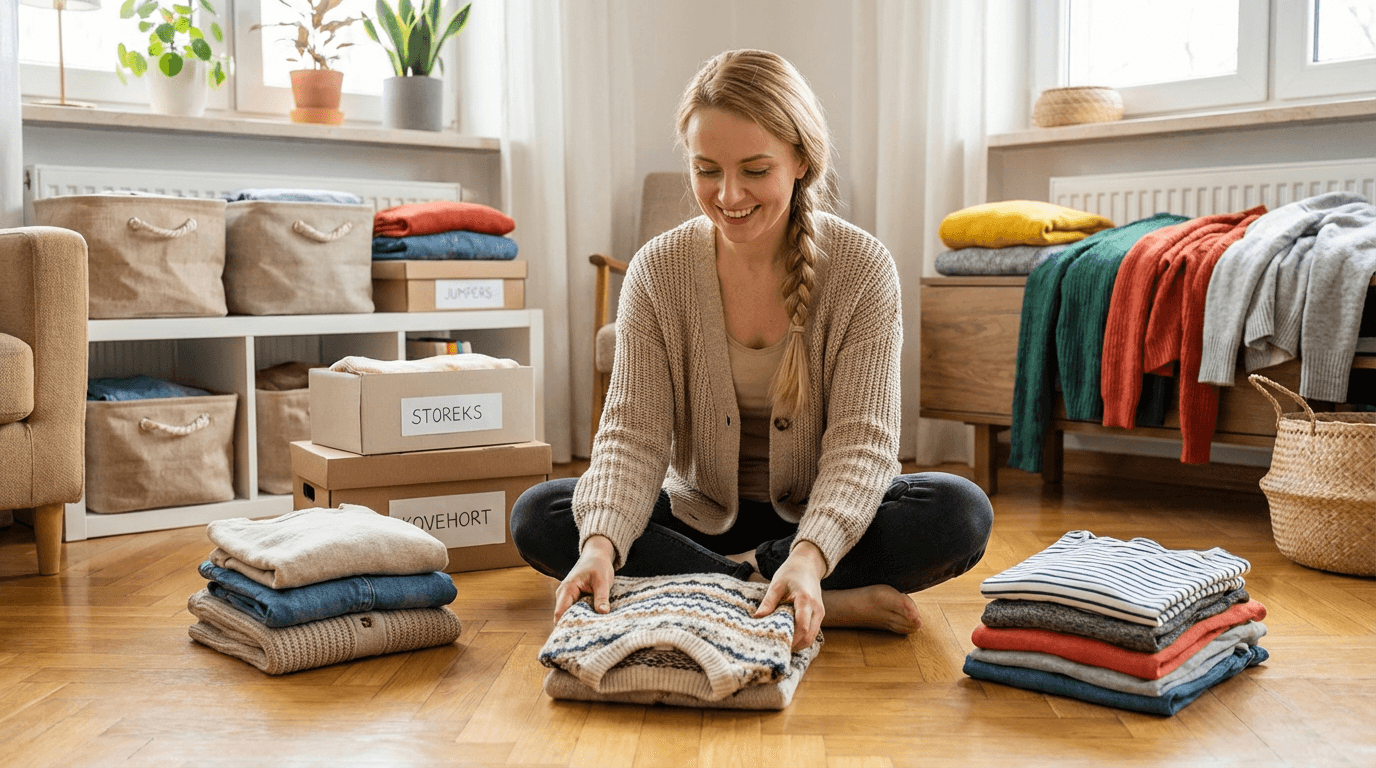 Kobieta porządkuje ubrania w domu