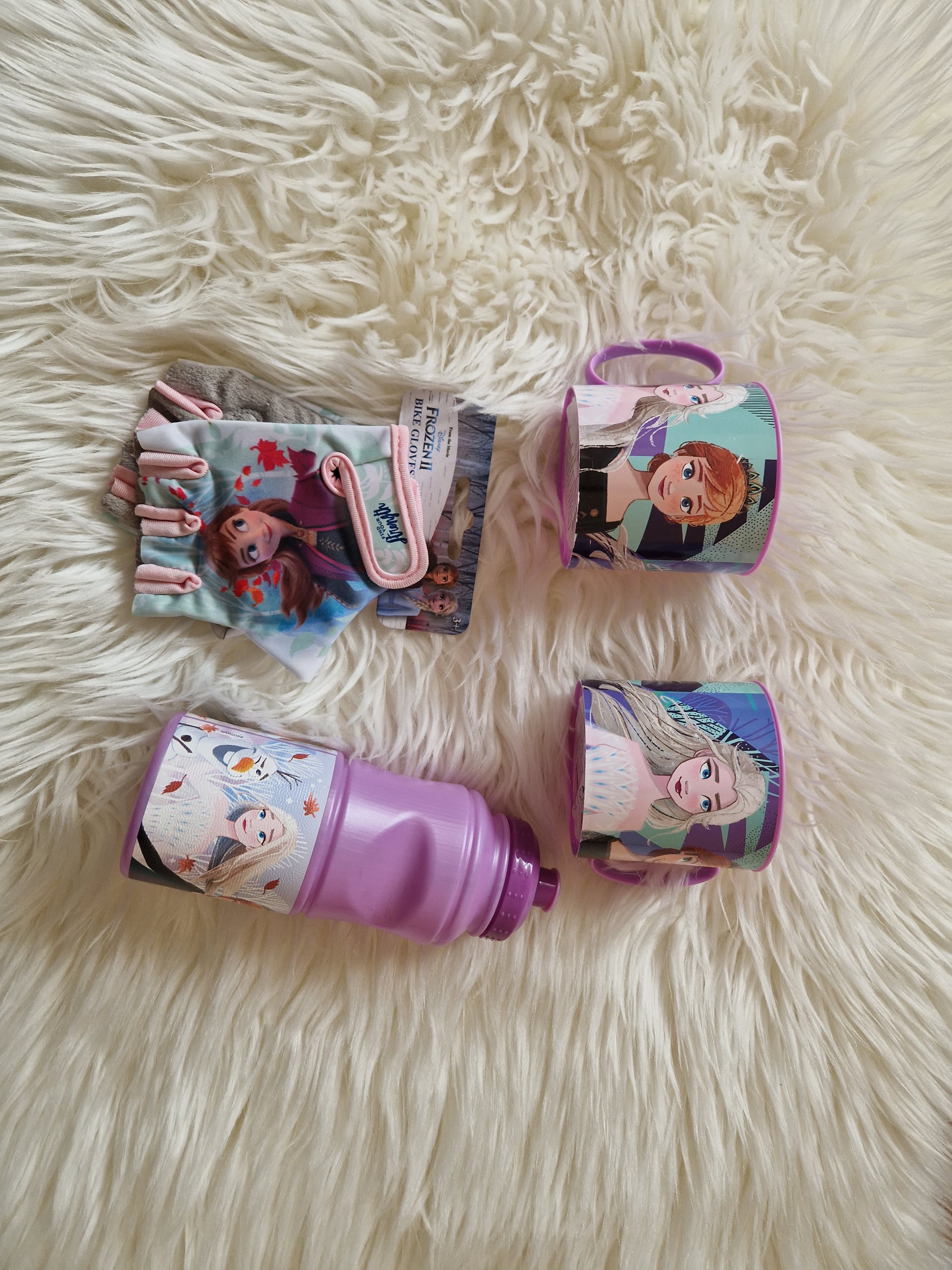 Zestaw 4 sztuki akcesoriów Elsa Anna Kraina lodu kubek bidon rękawiczki rowerowe Frozen II – zdjęcie 1