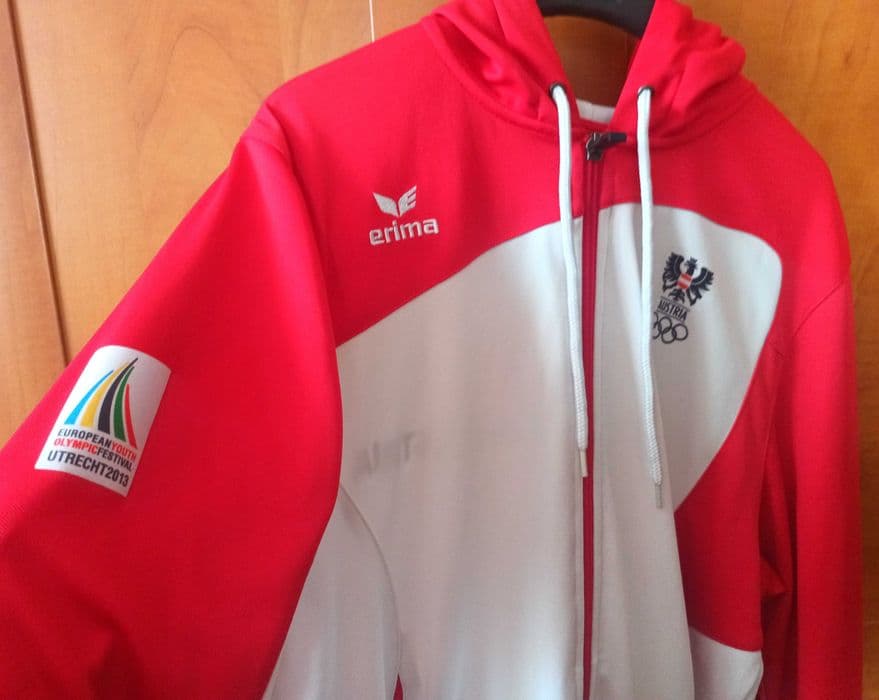 Bluza sportowa z kapturem damska biało - czerwona r.L – zdjęcie 1